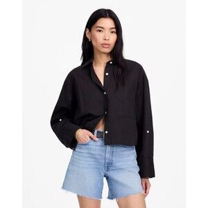 MADEWELL Straight-Hem Shirt XL Black Easy Linen Cotton Cropped Boxy NWOT B27